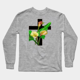 Three Calla Lilies And Christian Cross Art Long Sleeve T-Shirt